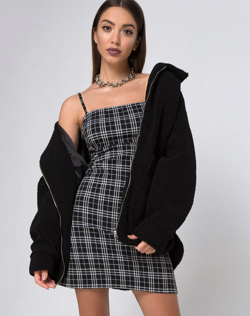 Cecile Slip Dress in Mono Plaid Black - Awmao