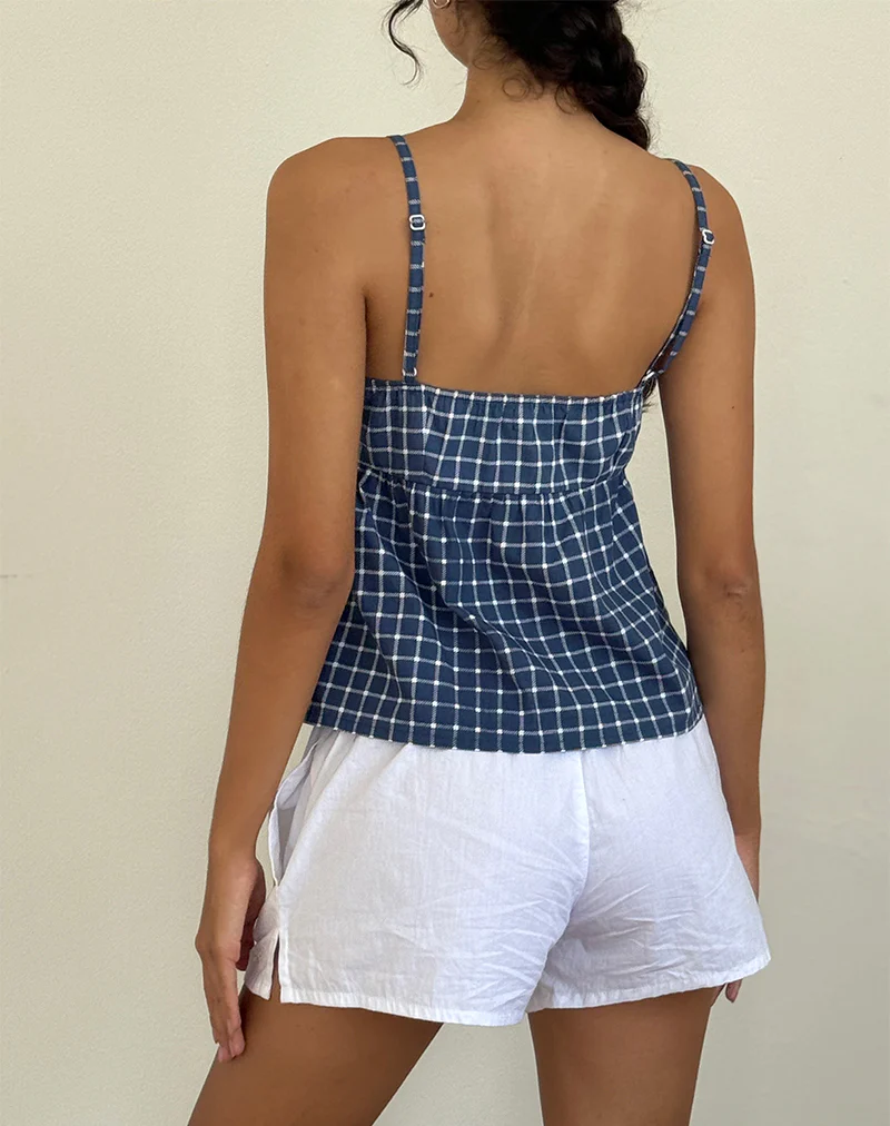 Jeju Top in Navy Tartan Poplin - Awmao