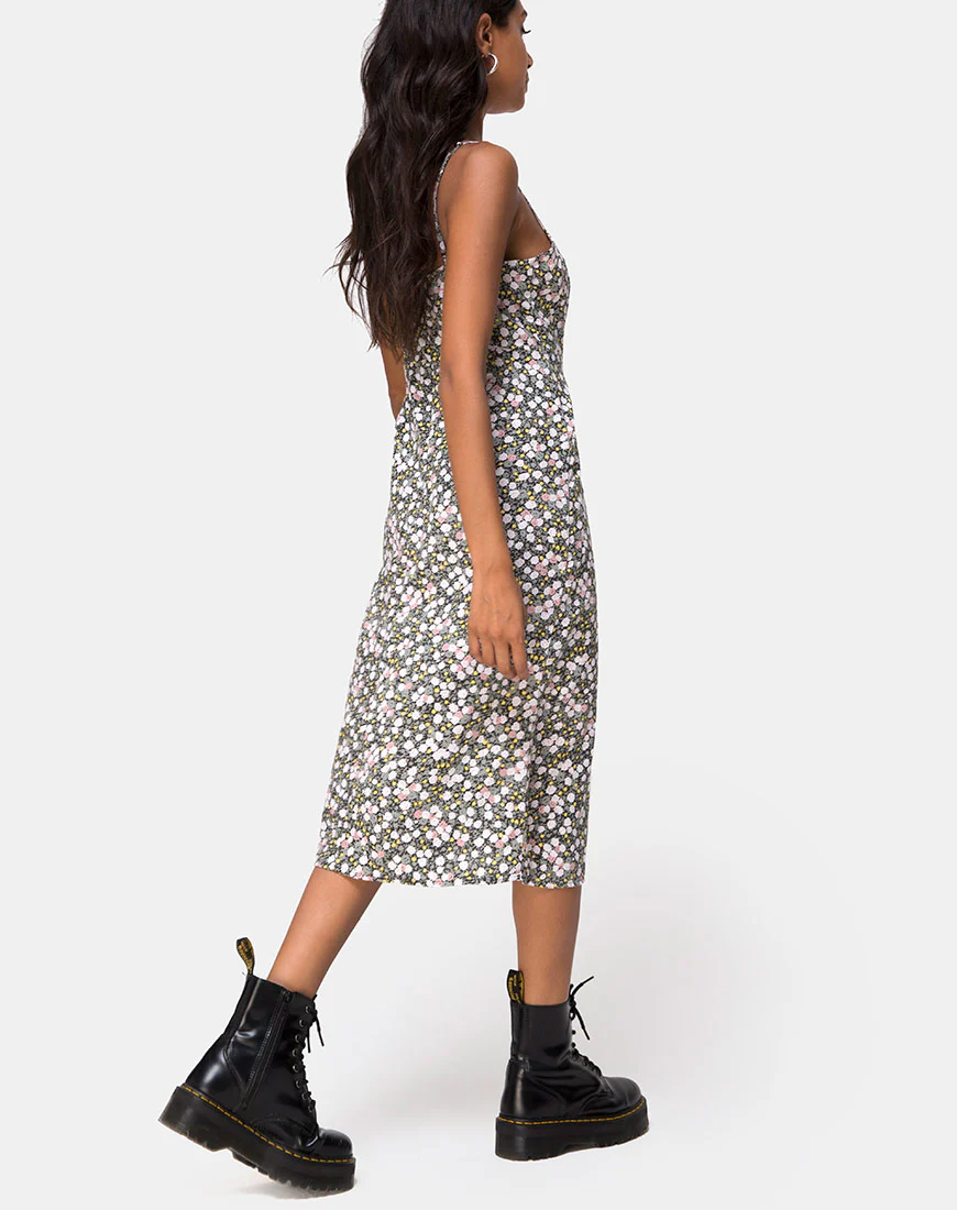 Kaoya Midi Dress in Floral Field Olive - Awmao