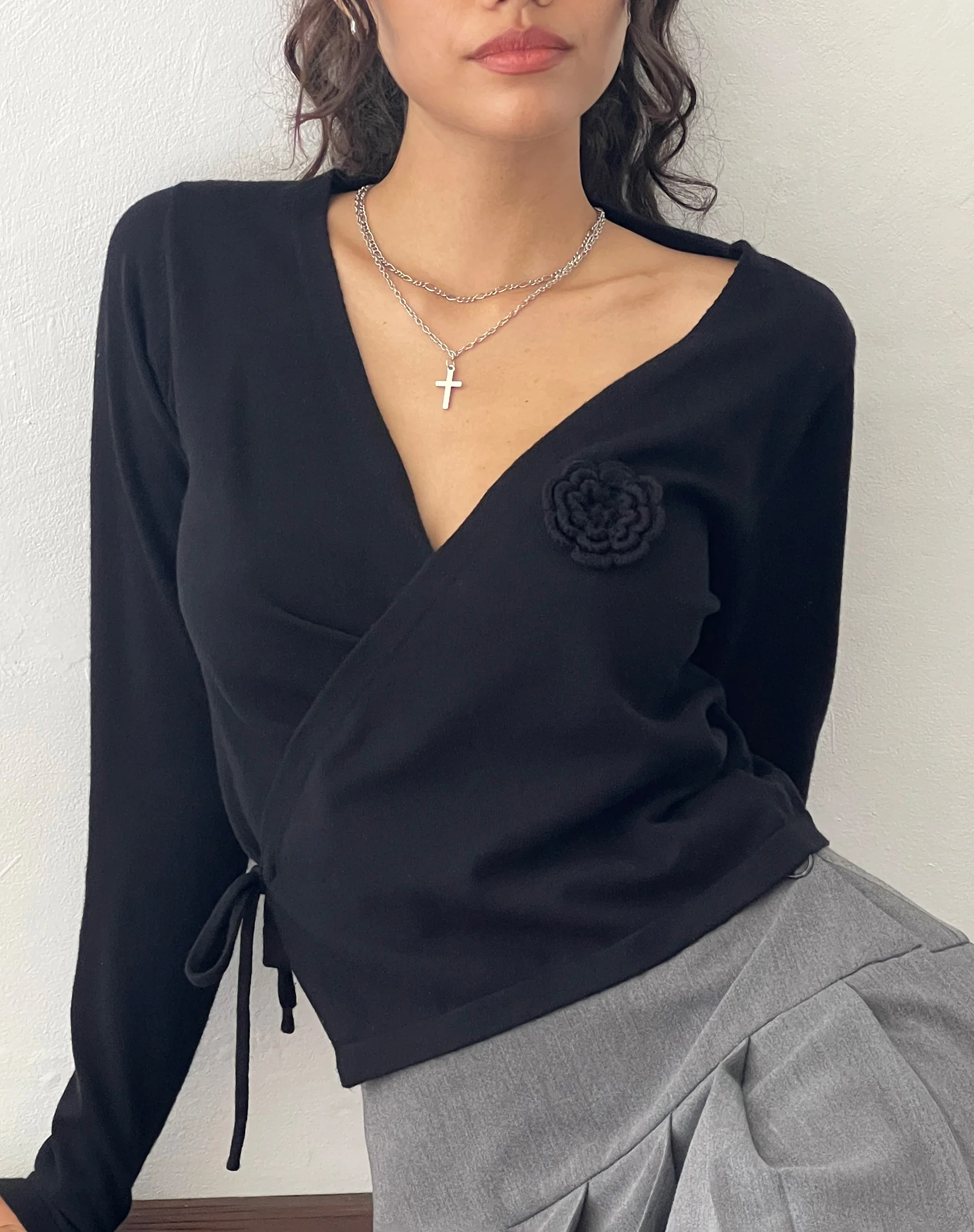 Zelda Knitted Wrap Cardigan in Black with Rosette - Awmao