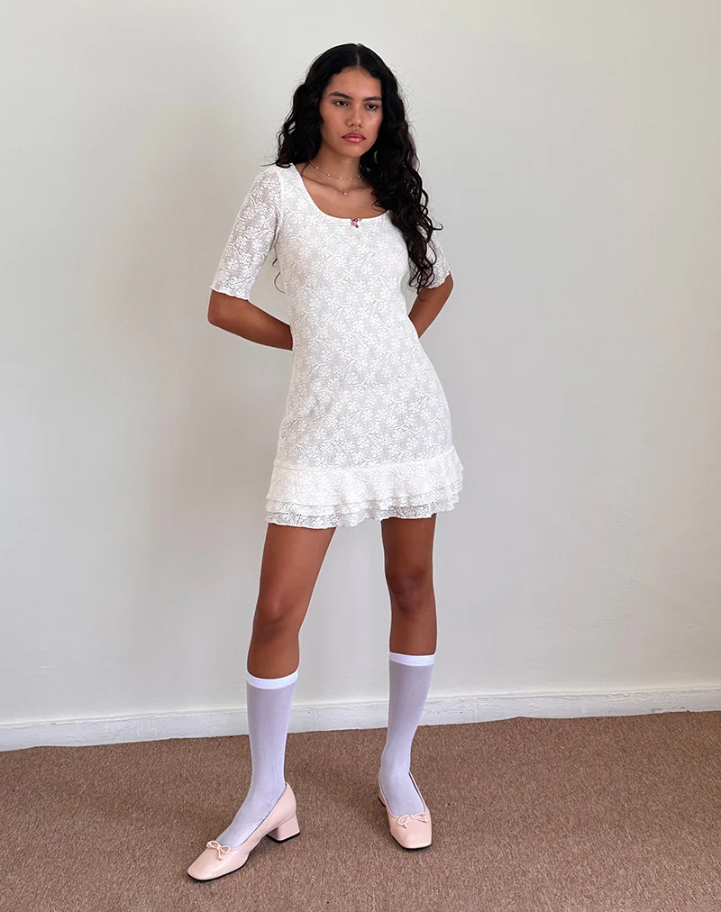 Fredrika Mini Dress in Lace Ivory - Awmao