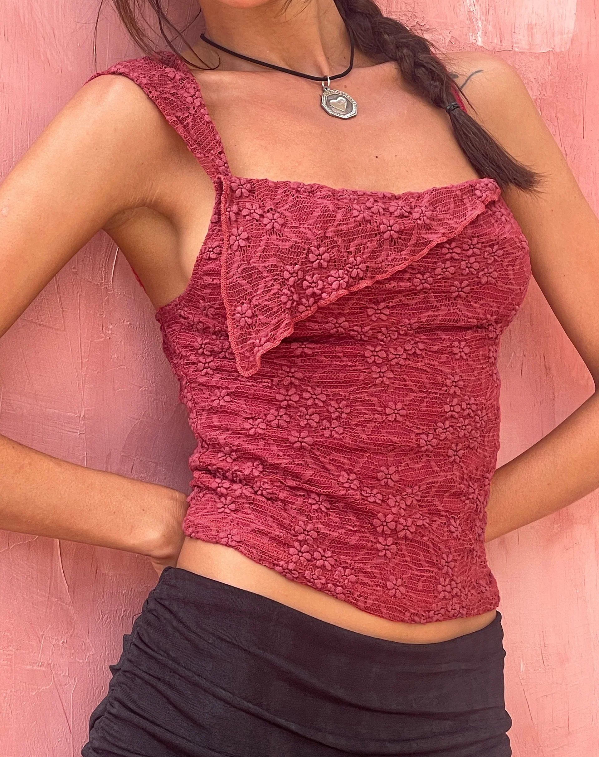 Sambu Lace Cami Top in Red - Awmao