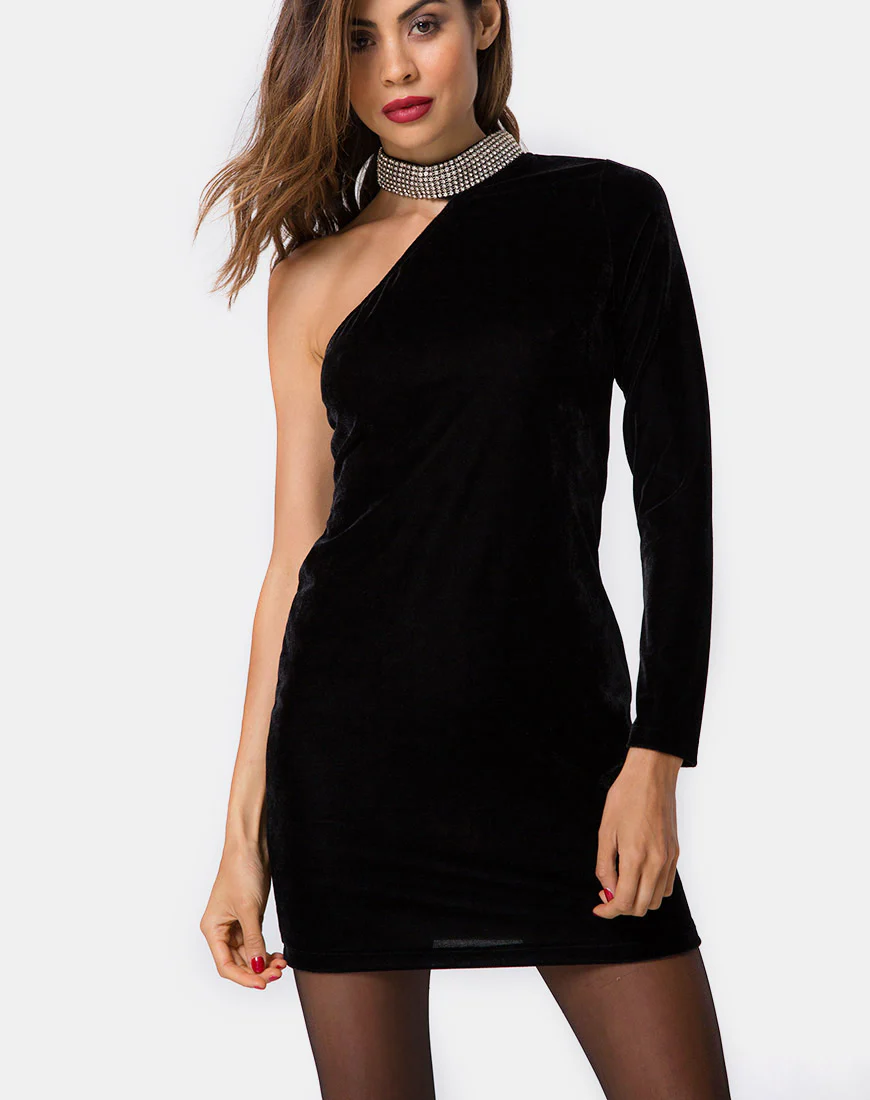 Kaido One Shoulder Bodycon Dress in Velvet Diamond Black - Awmao