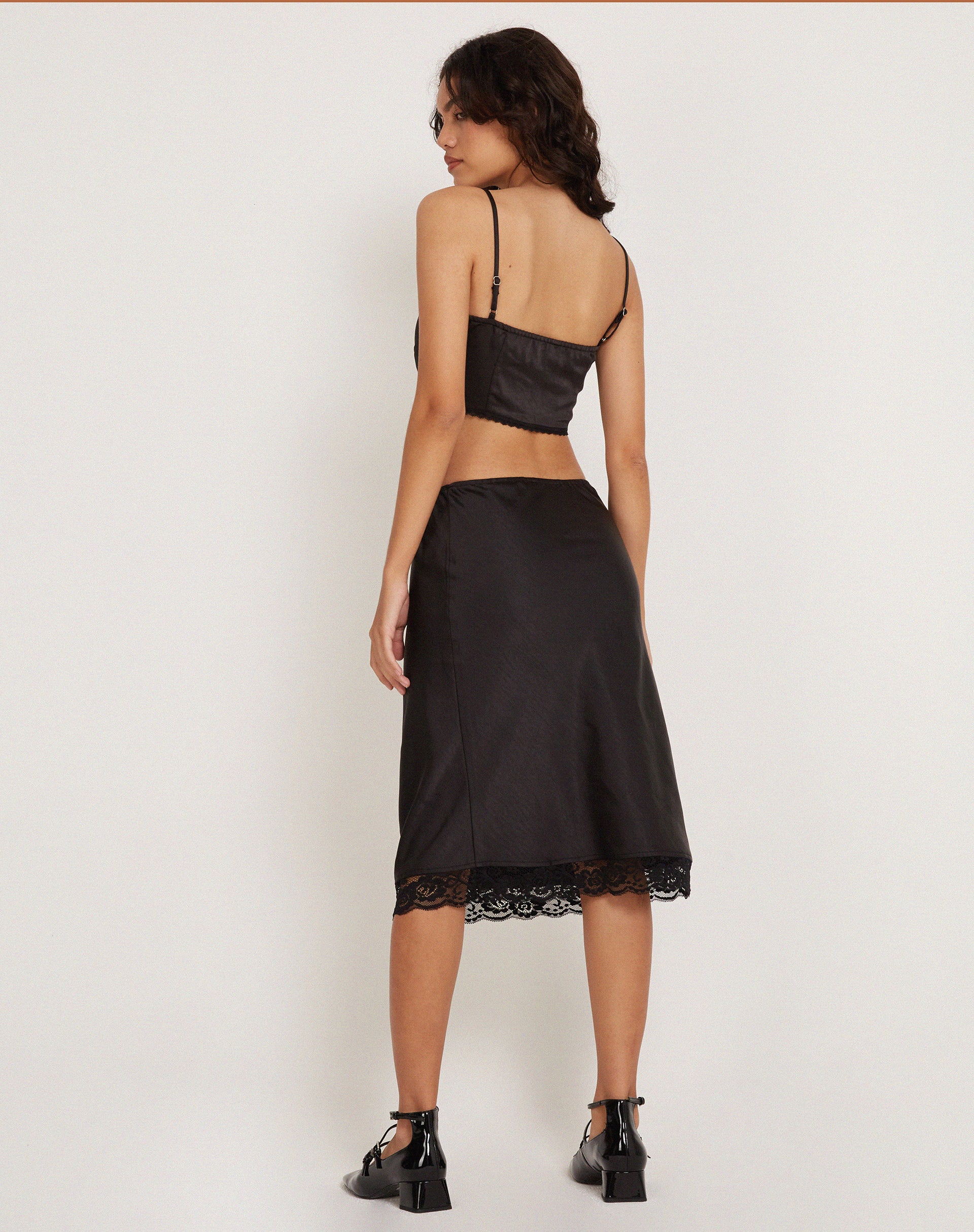 Resira Midi Skirt in Satin Pearled Black with Lace - Awmao