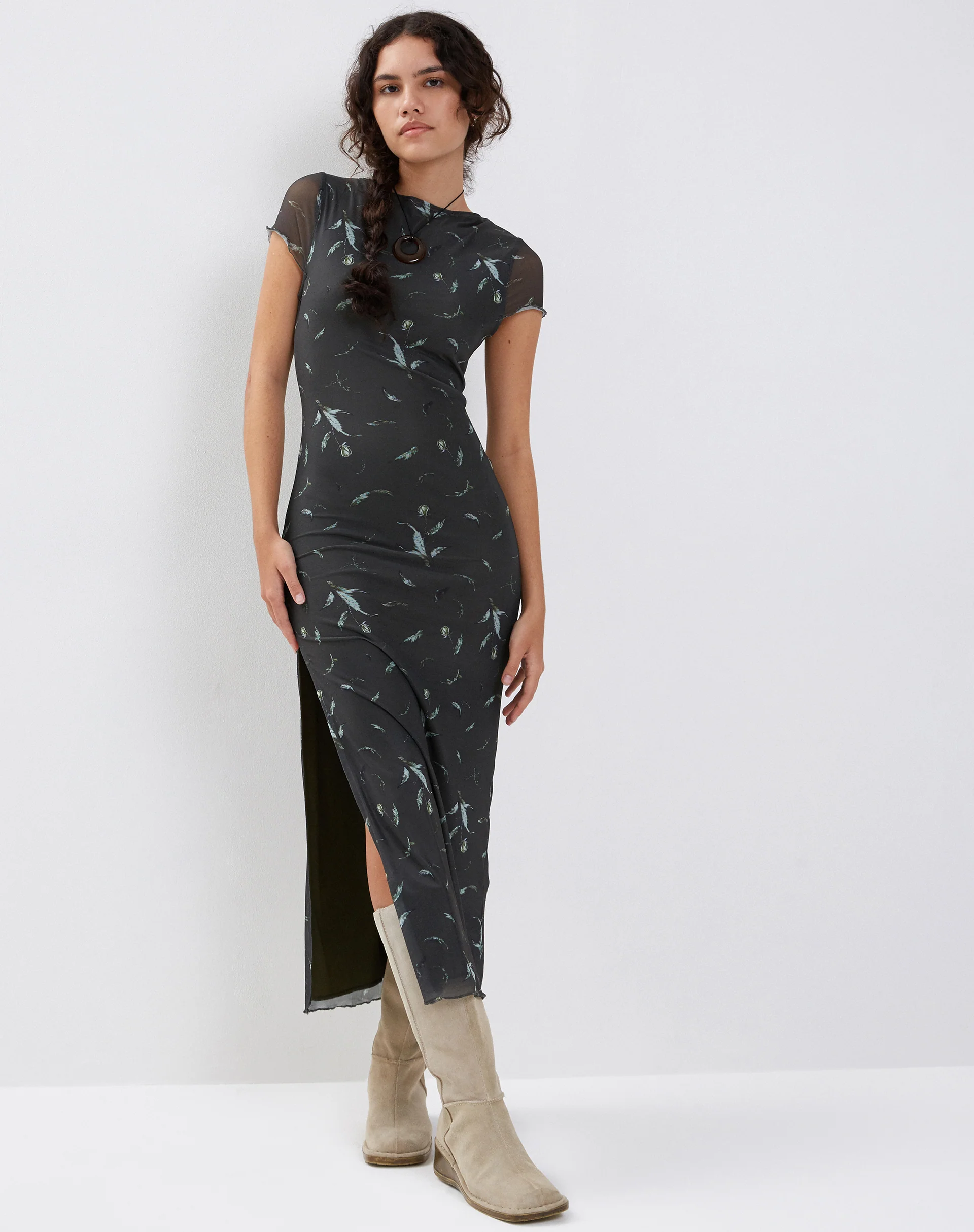 Danari Mesh Maxi Dress in Floral Khaki Silhouette - Awmao
