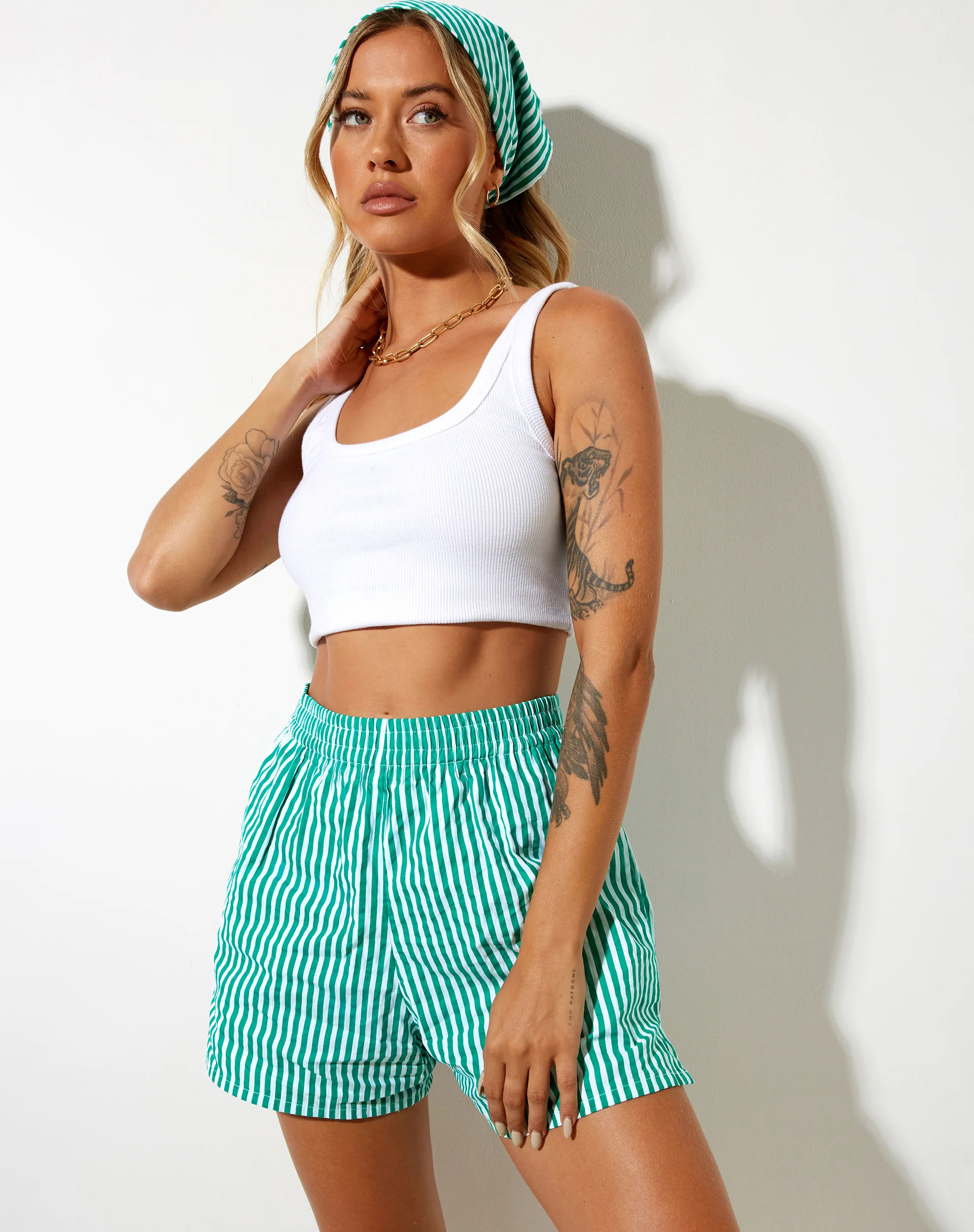 Lala Short in Vertical Stripe Green and White - Awmao