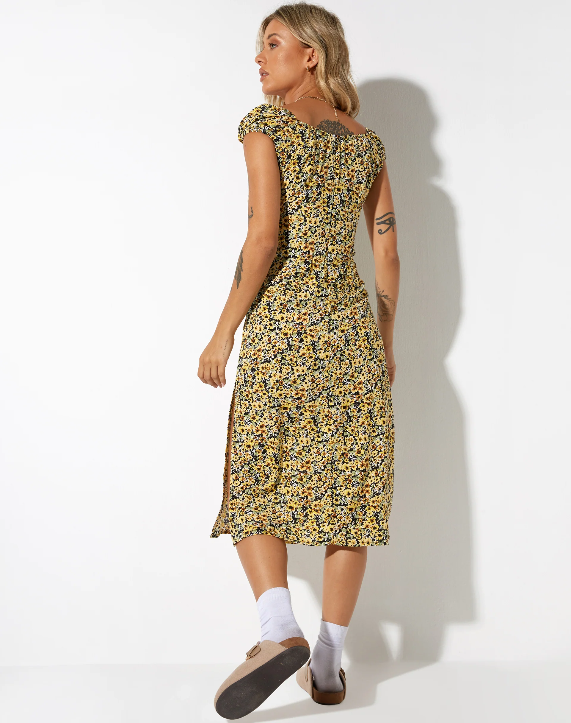 Lona Midi Dress in Spring Ditsy Yellow - Awmao