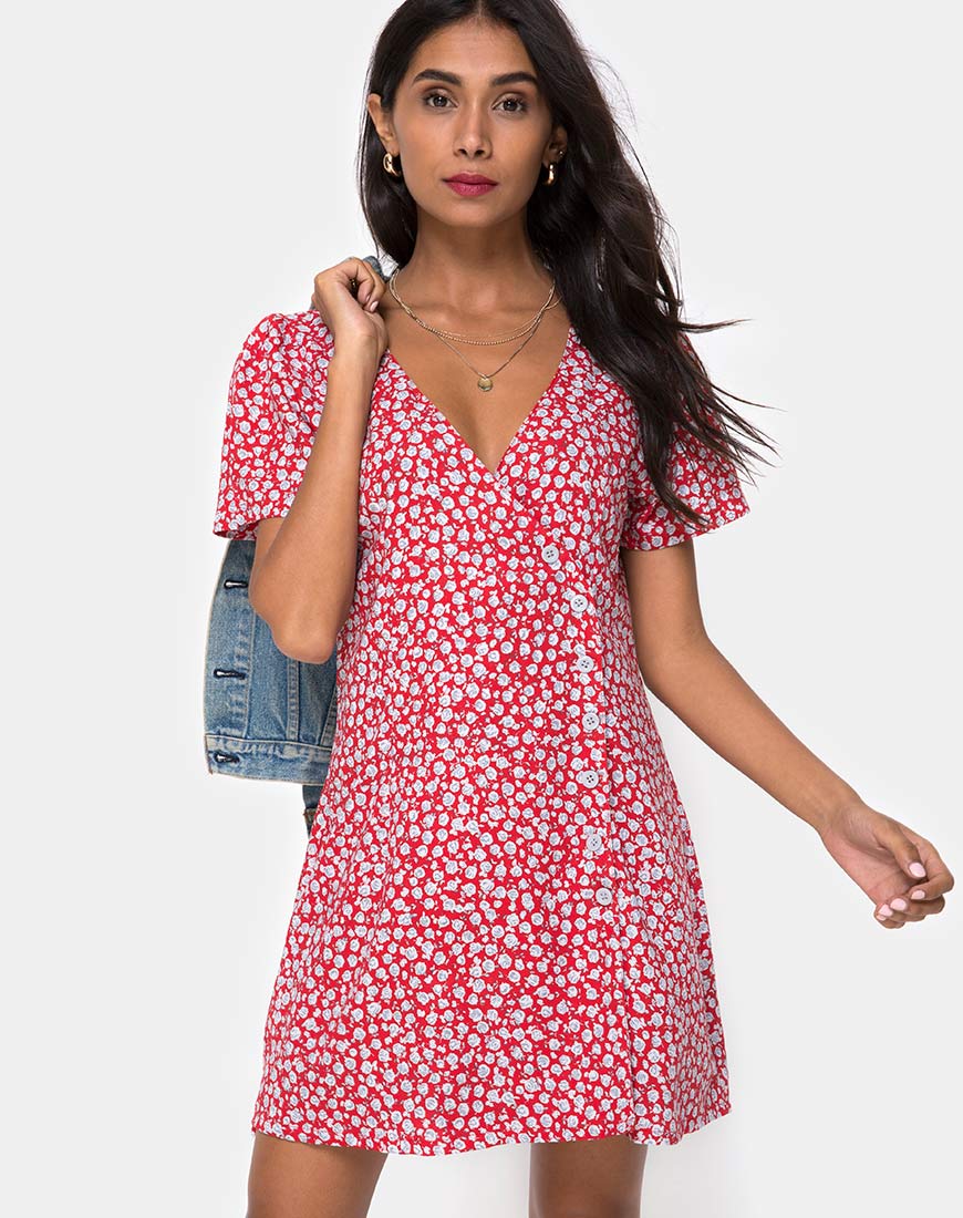 Kalea Dress in Ditsy Rose Red and Silver - Awmao