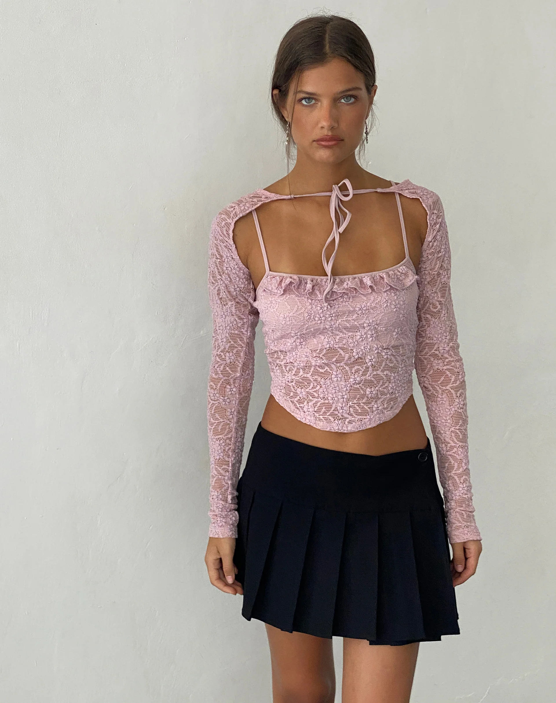 Carlina Cami and Shrug Set in Lace Pink - Awmao
