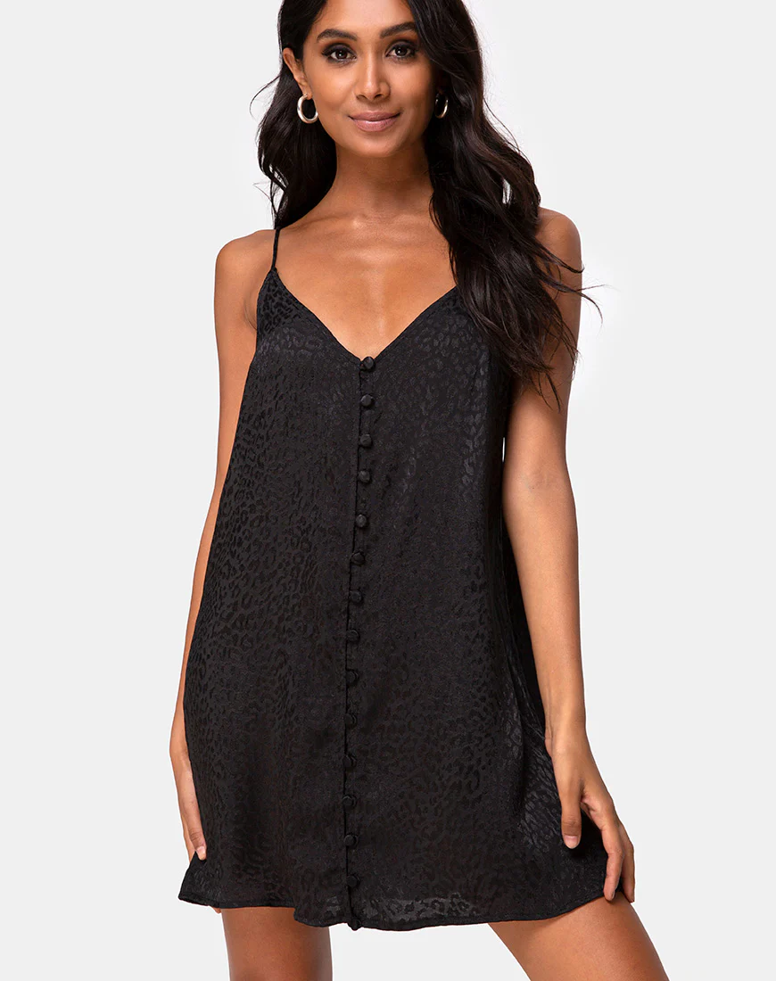 Akina Dress in Black Satin Cheetah - Awmao