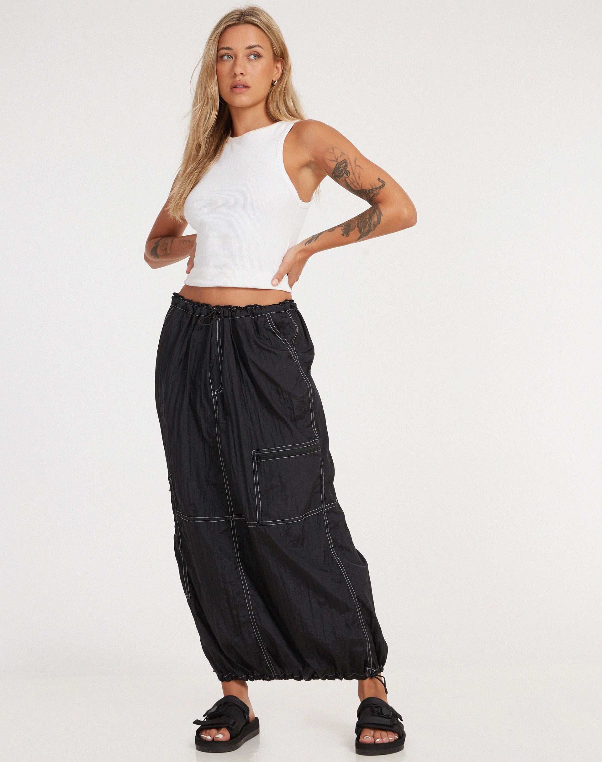 Masao Maxi Skirt in Parachute Black with White Stitch - Awmao