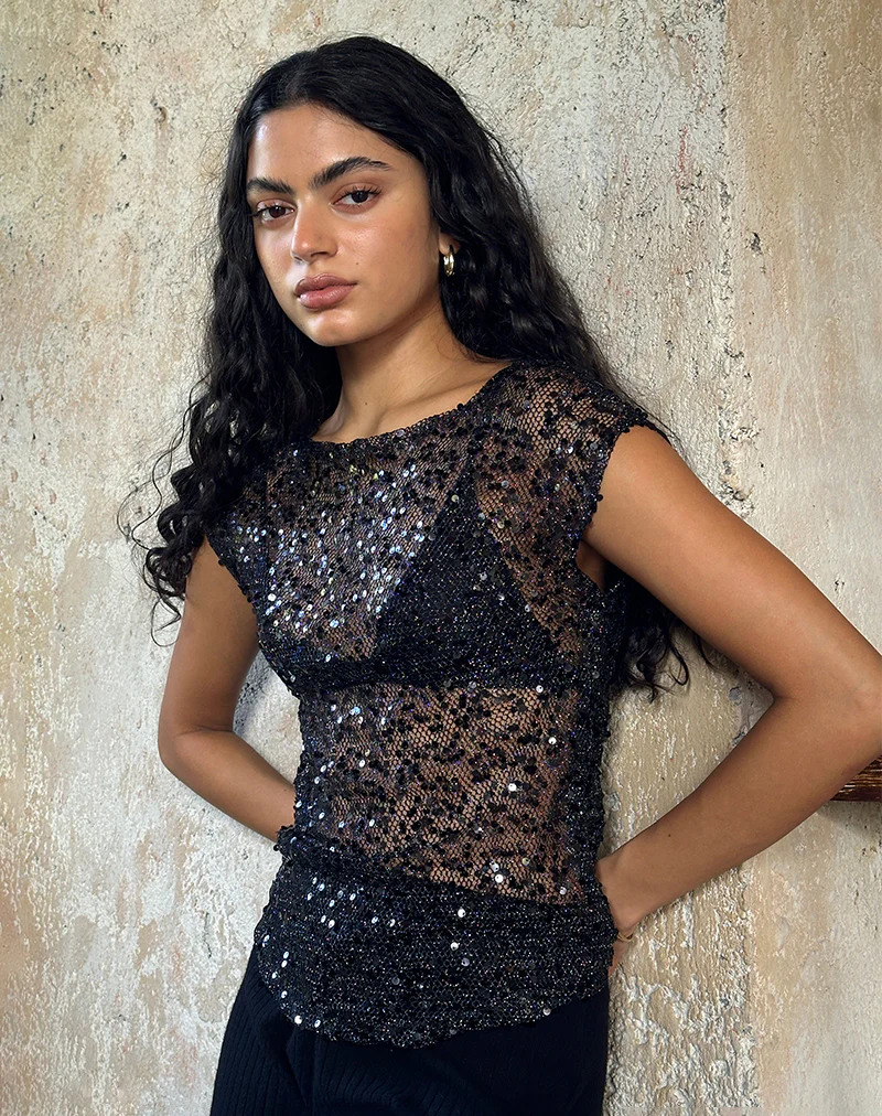 Nova Top in Sequin Mesh Black - Awmao