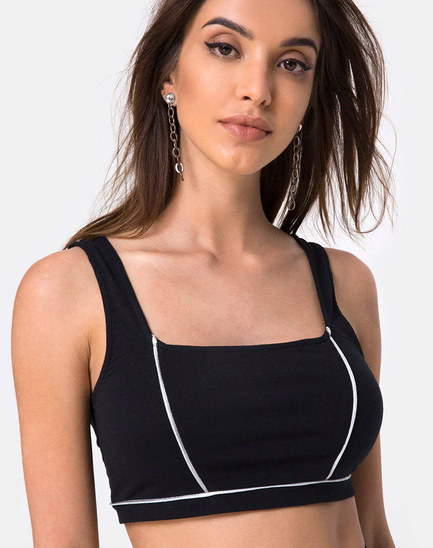 Shano Crop Top in Black With White Piping - Awmao
