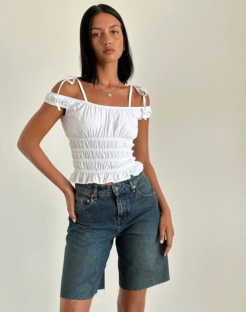 Xavan Bardot Tie Shoulder Top in White - Awmao