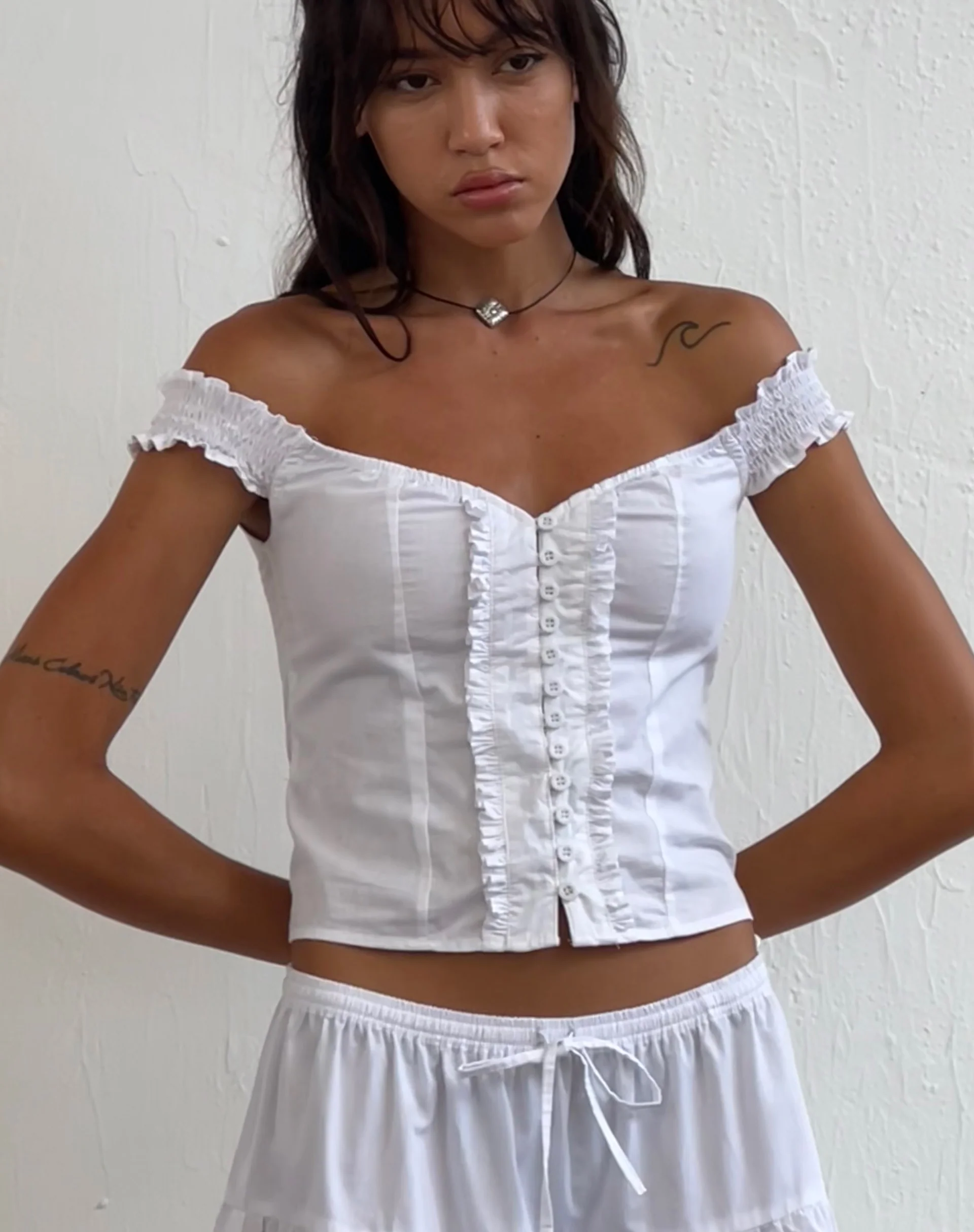 Alderidge Bardot Corset Top in White - Awmao