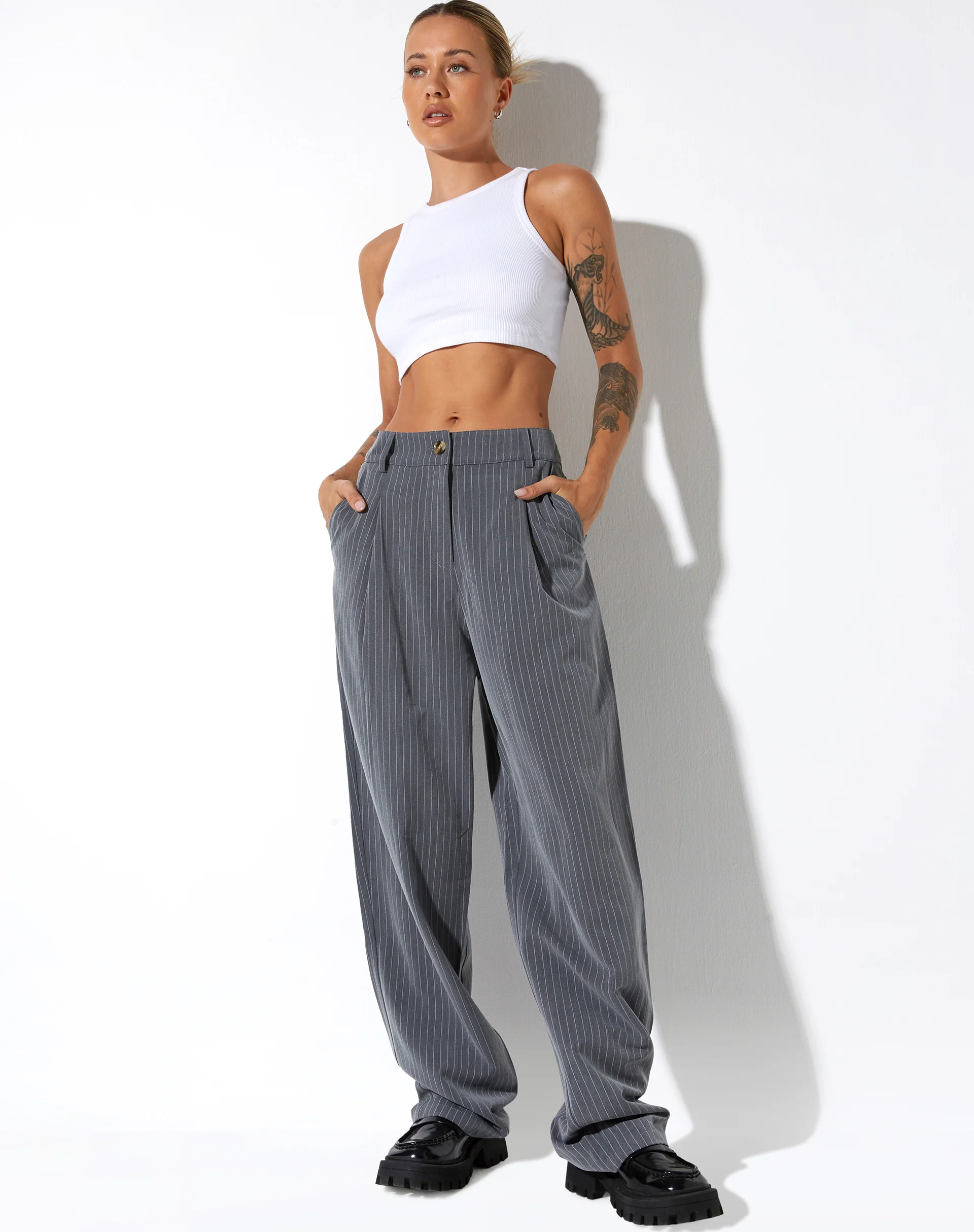 Sakila Tailored Trouser in Pinstripe Grey - Awmao