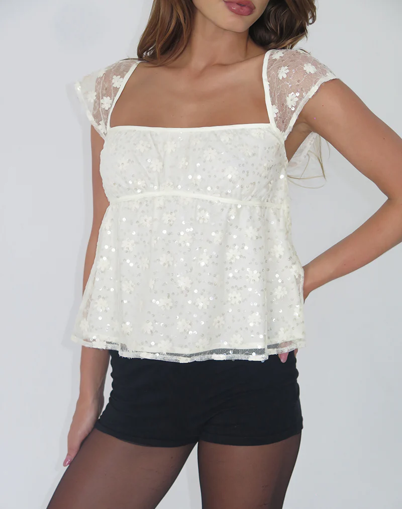 Aloysia Top in Sequin Lace Ivory - Awmao