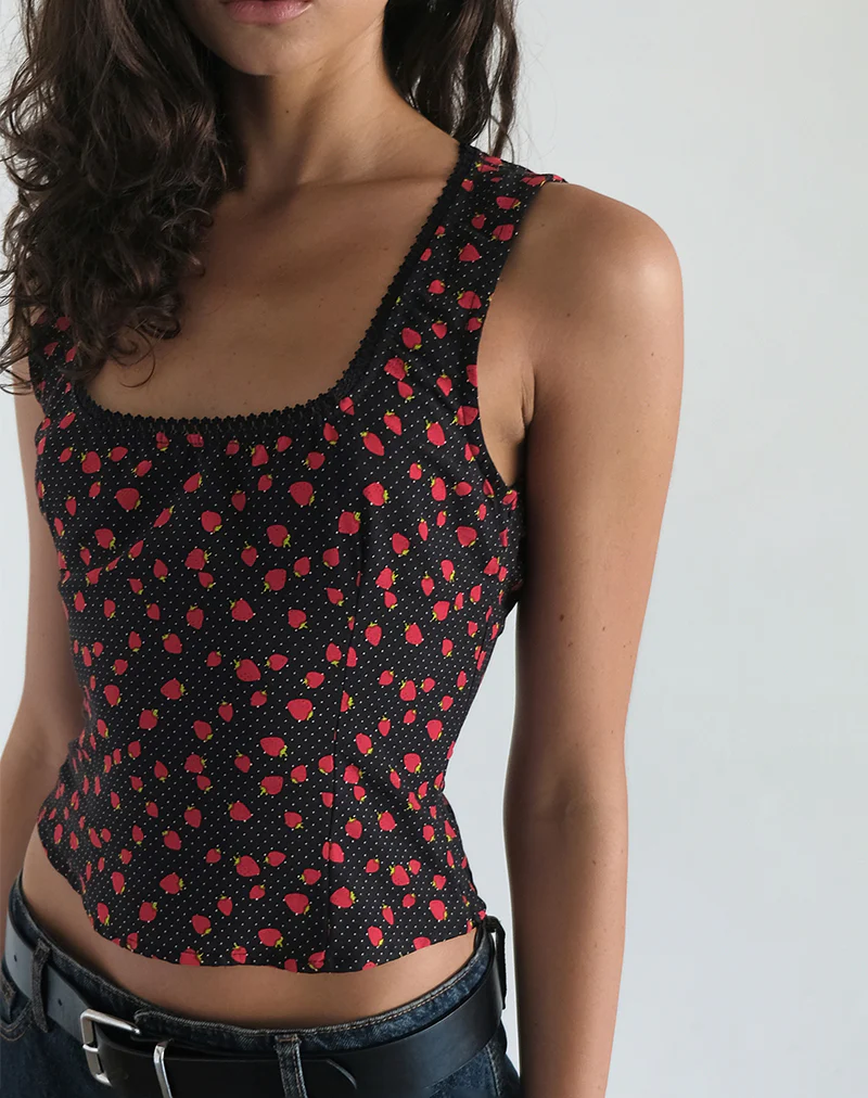 Carys Vest Top in Strawberry Polka Black - Awmao