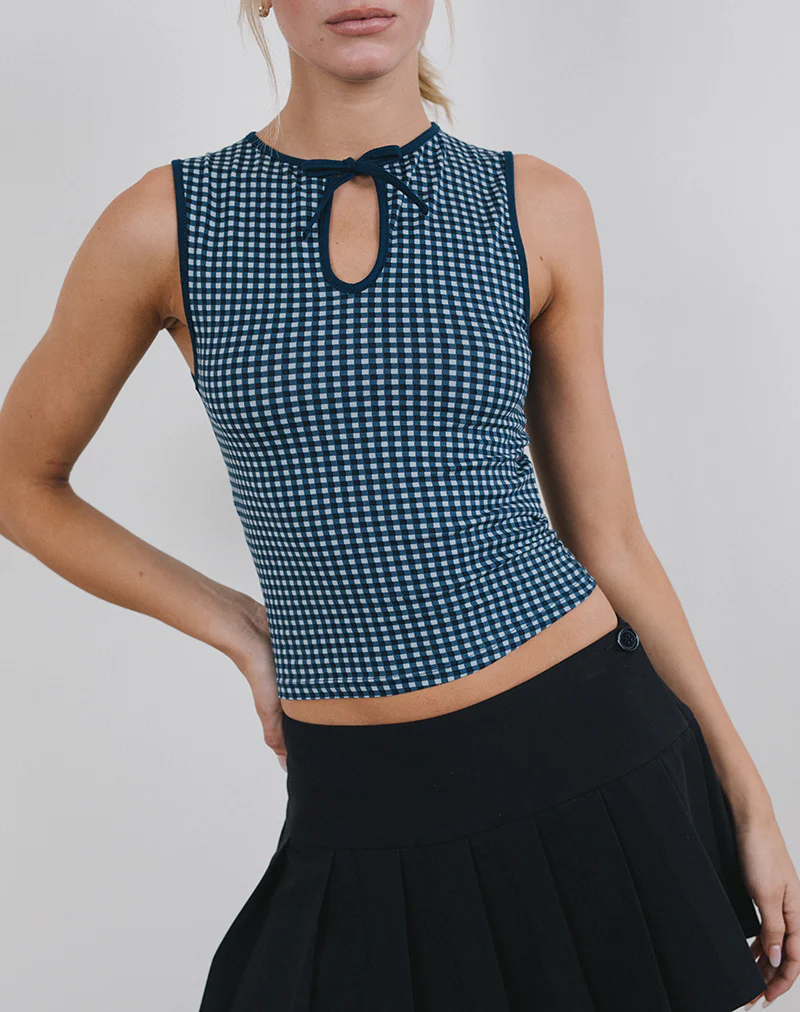 Monsela Top in Mini Gingham Dark Blue - Awmao