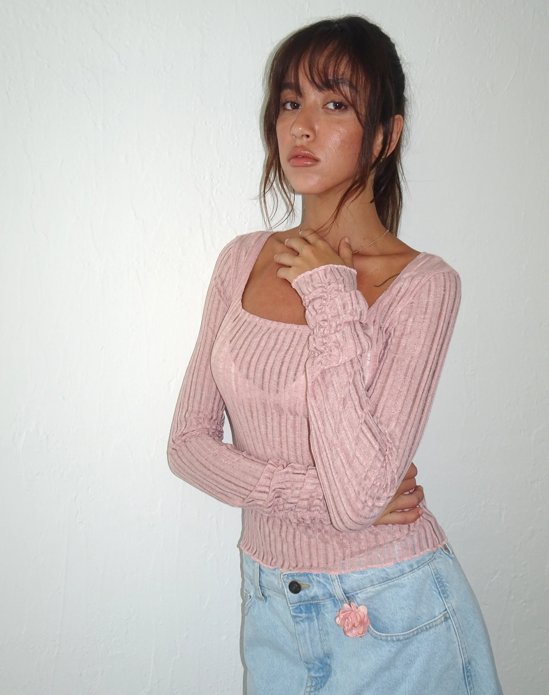 Halsey Knitted Extra Long Sleeve Top in Pink - Awmao