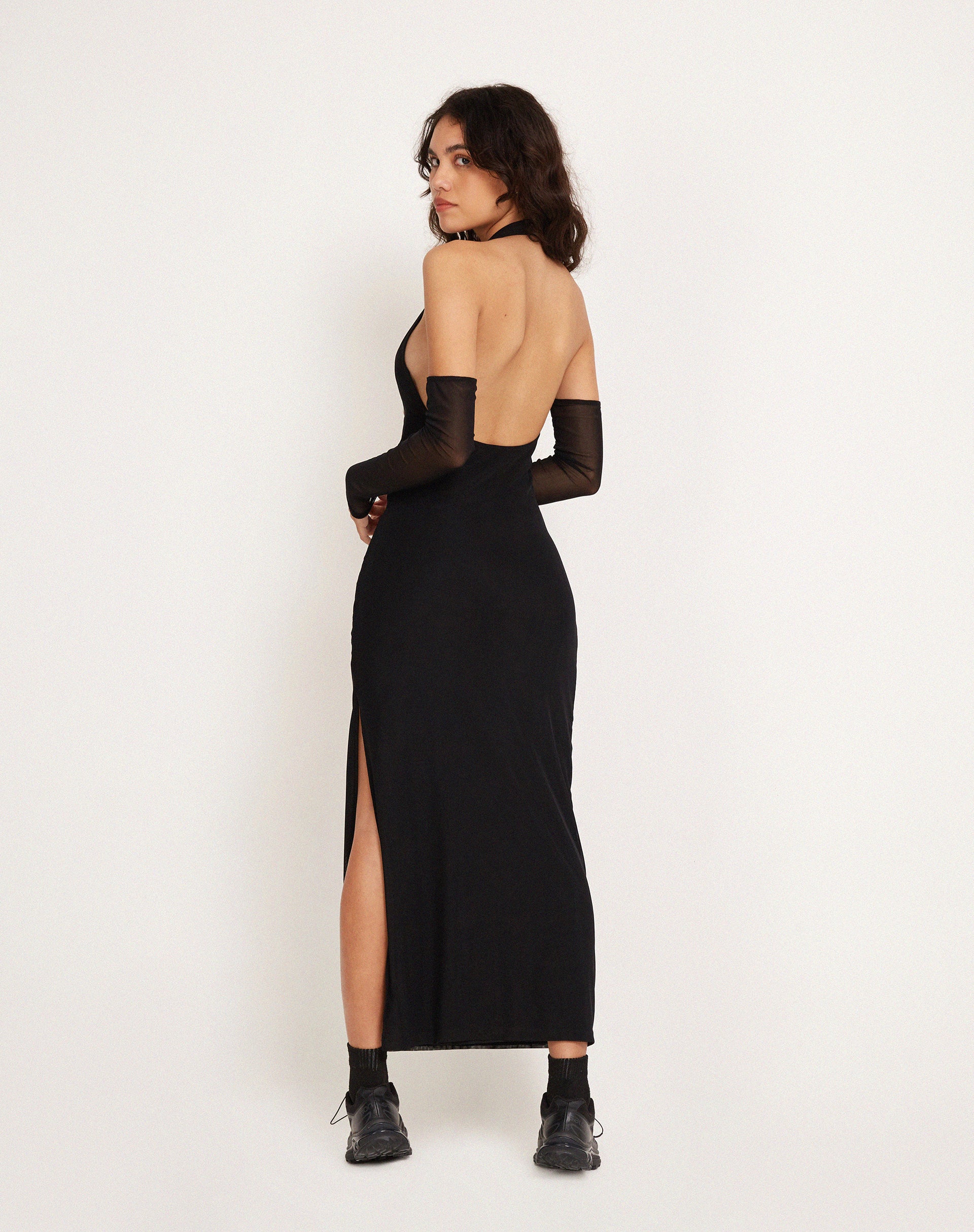 Asmala Halterneck Maxi Dress and Sleeve Set in Black Mesh - Awmao