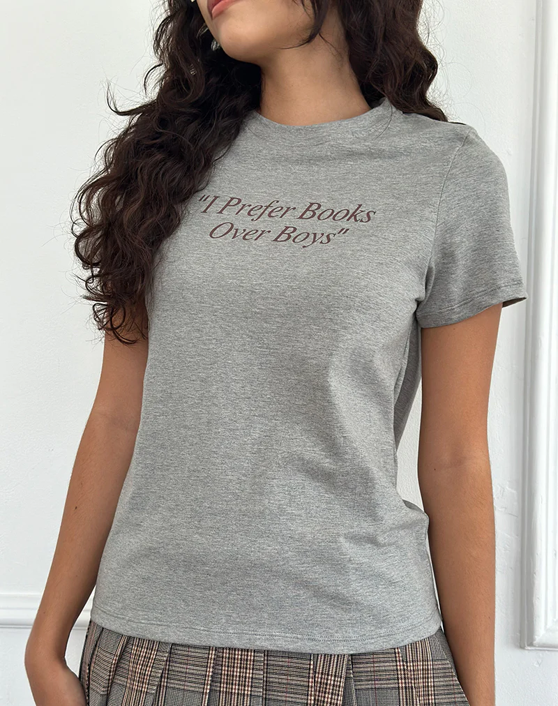 Saki Tee in Grey Marl with I Prefer Books Over Boys Slogan - Awmao