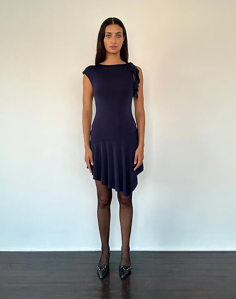 Winslow Asymmetric Frill Mini Dress in Navy - Awmao