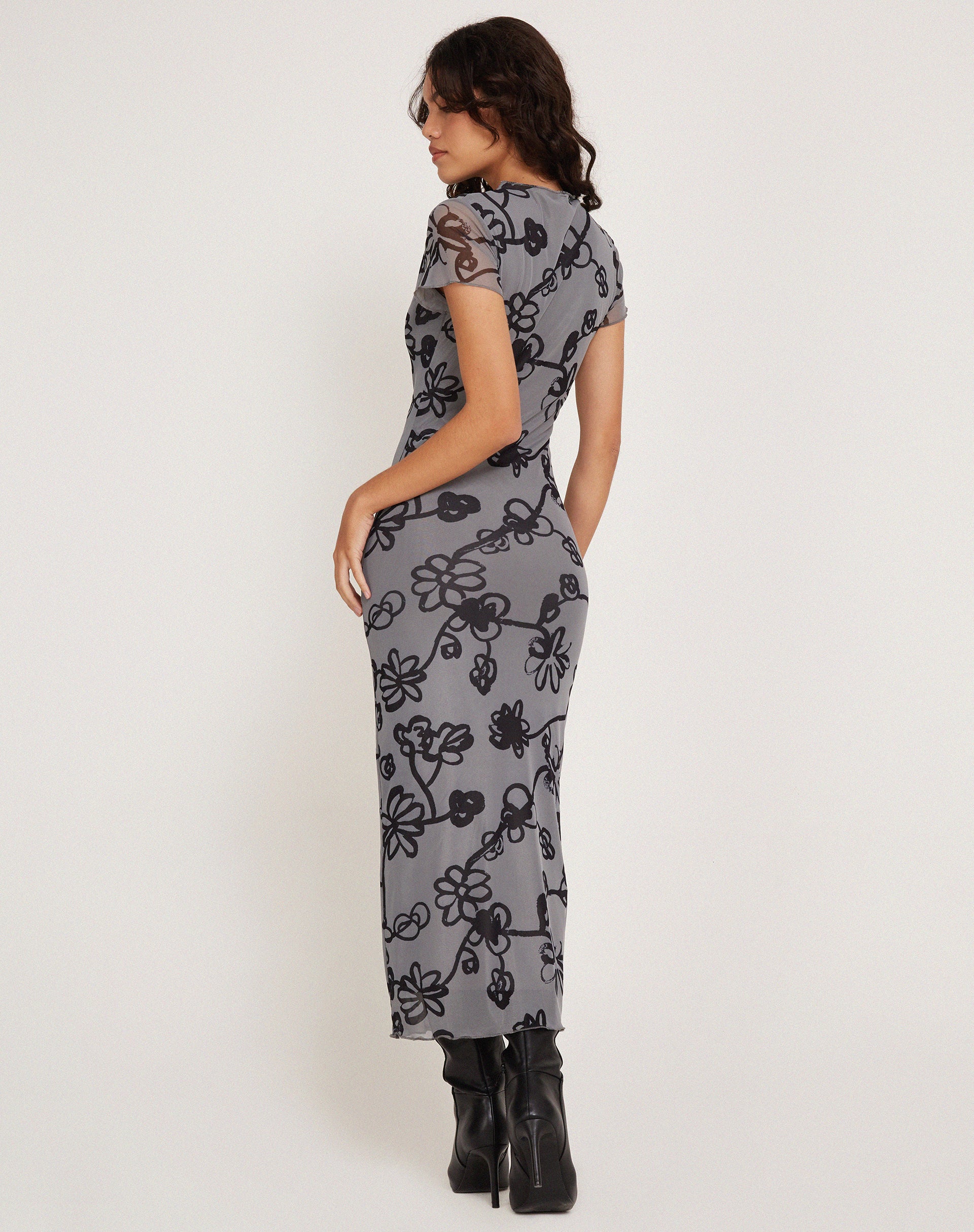 Maruza Midi Dress in Mesh Doodle Flower Grey - Awmao