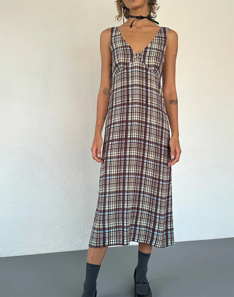 Liva Midi Dress in Multi Check Brown - Awmao