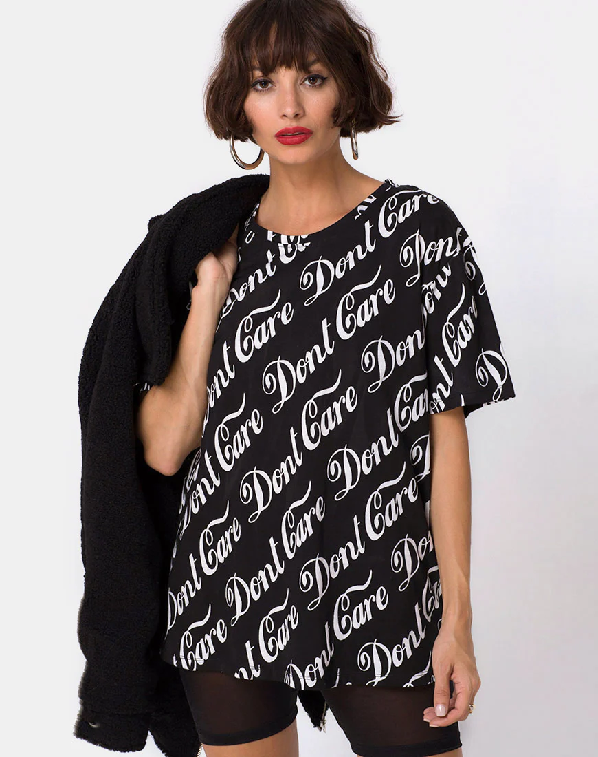 Oversize Basic Tee in Black Don t Care Full Print by Mote - Awmao