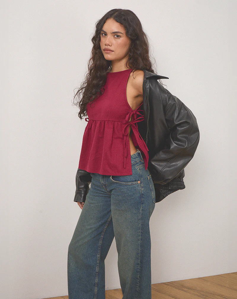 Palsi Tie Side Top in Burgundy - Awmao