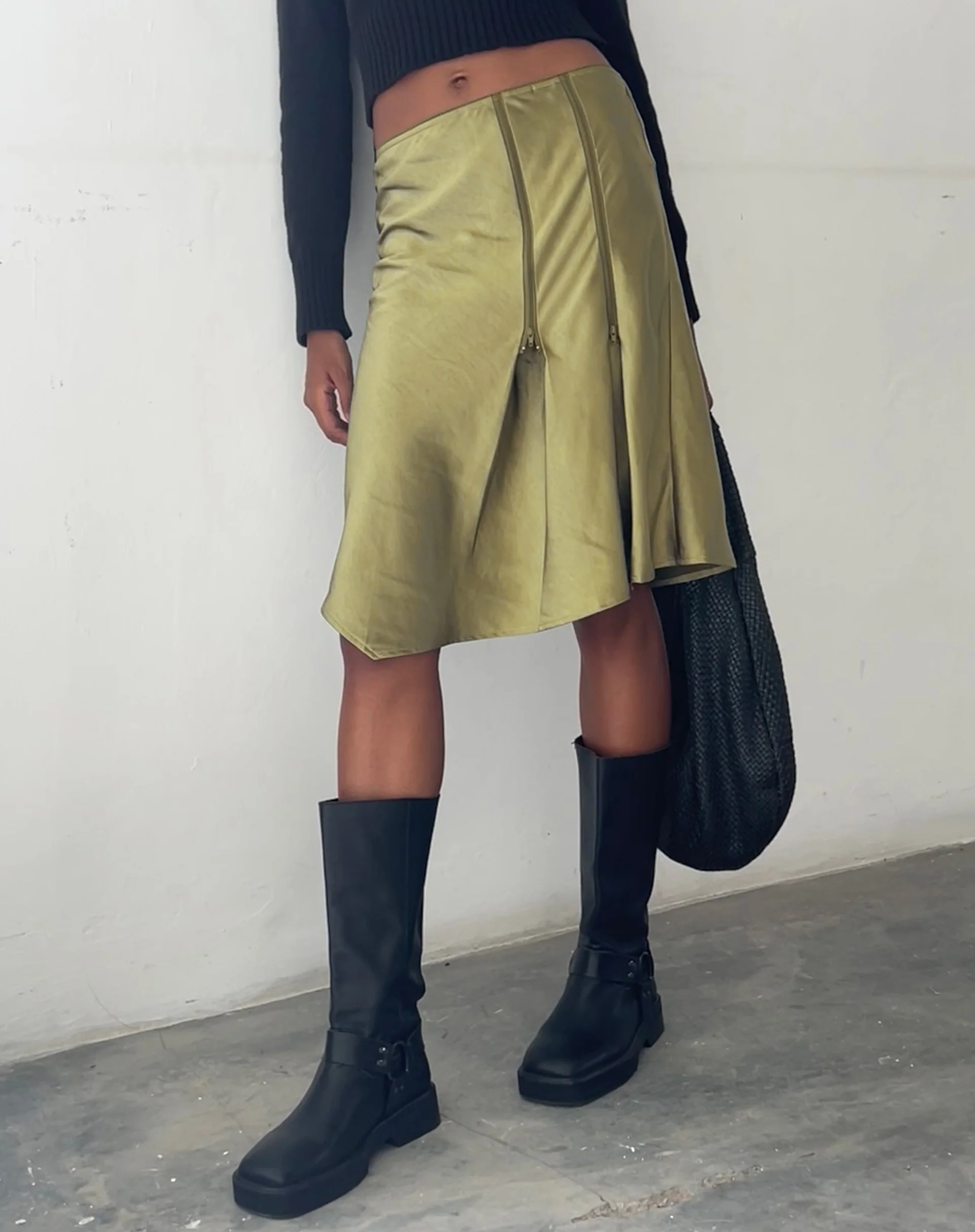 Slaza Midi Skirt in Satin Olive - Awmao