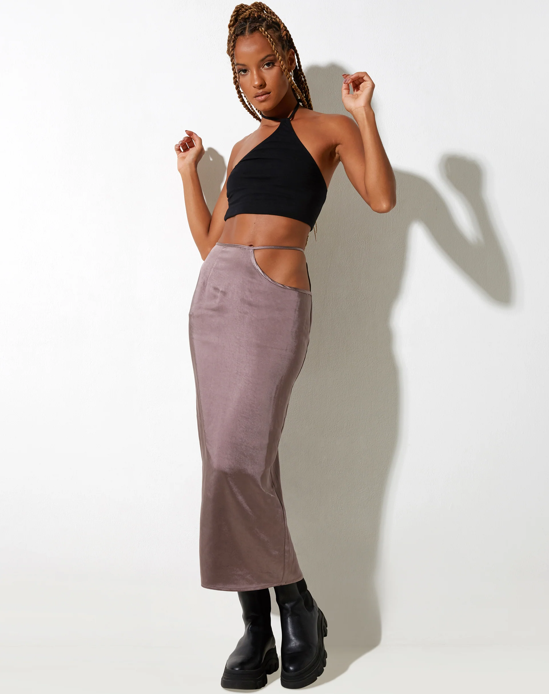 Gardy Midi Skirt in Satin Steel - Awmao
