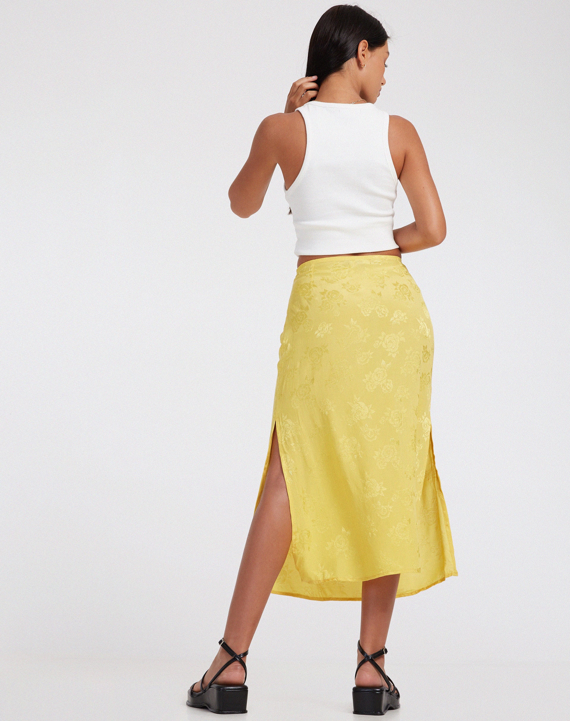 Kindra Midi Skirt in Satin Rose Sunshine Yellow - Awmao