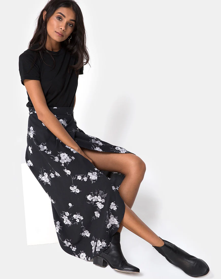 Satha Midi Skirt in Mono Flower Black - Awmao