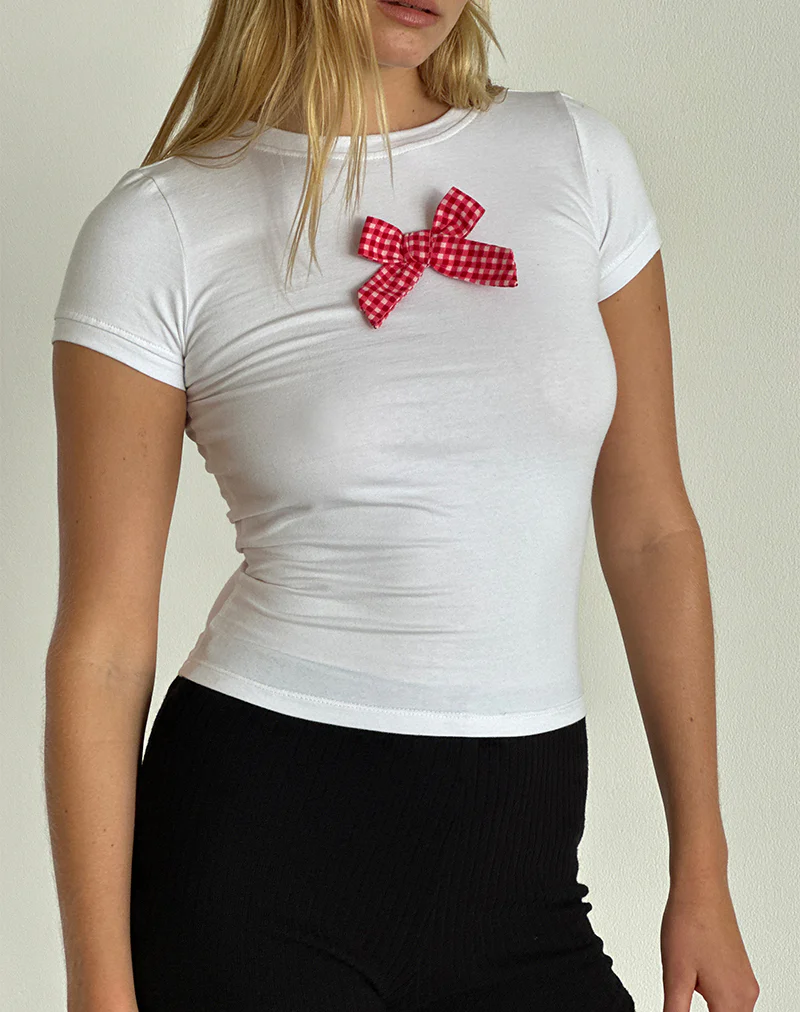 Sutin Tee in White with Red Gingham Bow - Awmao