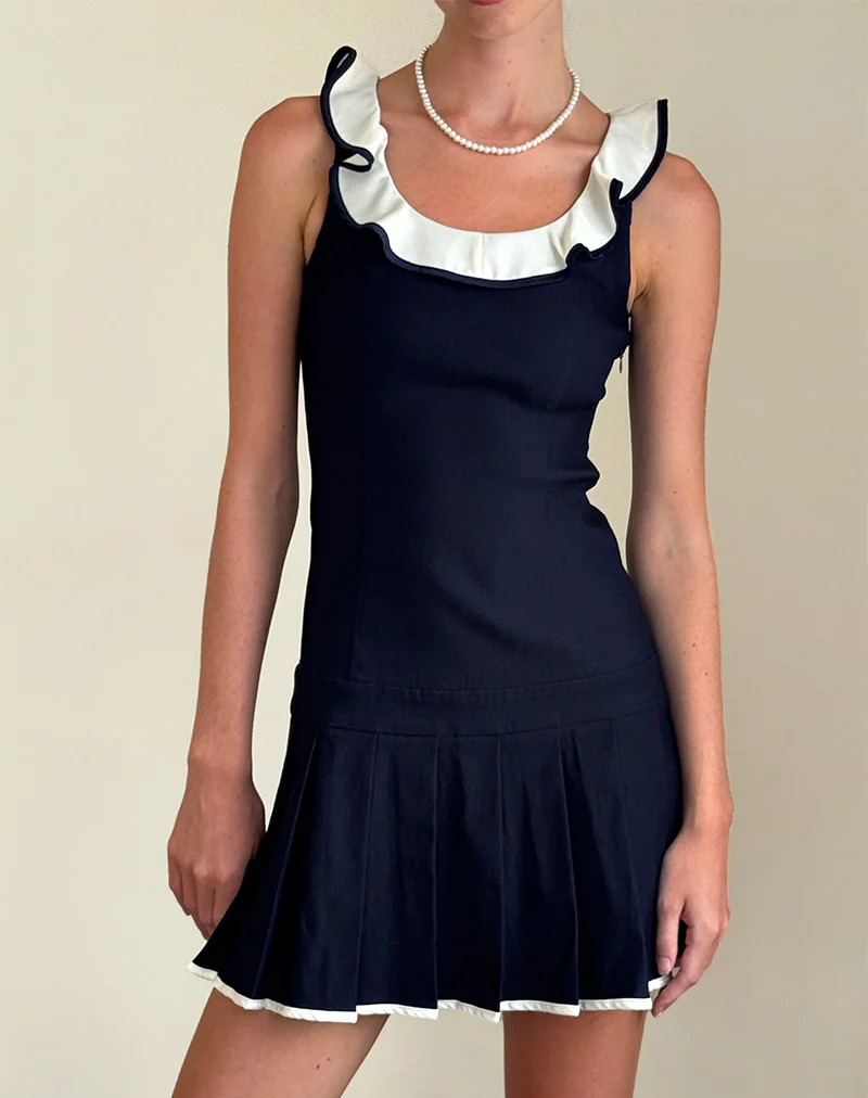 Busari Frill Neck Mini Dress in Navy - Awmao