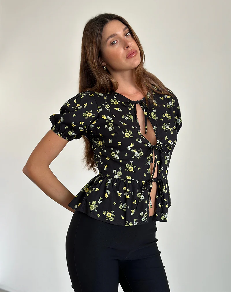 Ajasi Blouse in Lemon and Lime Black - Awmao