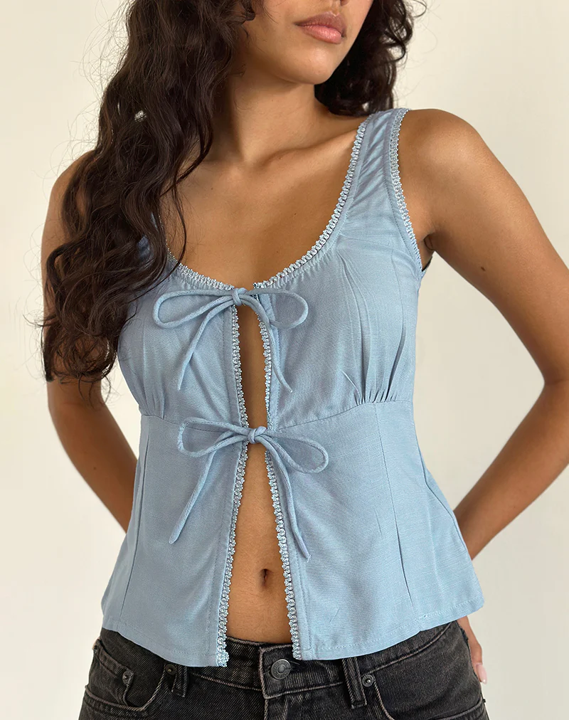 Esau Tie Front Top in Private Slub Nantucket Blue - Awmao