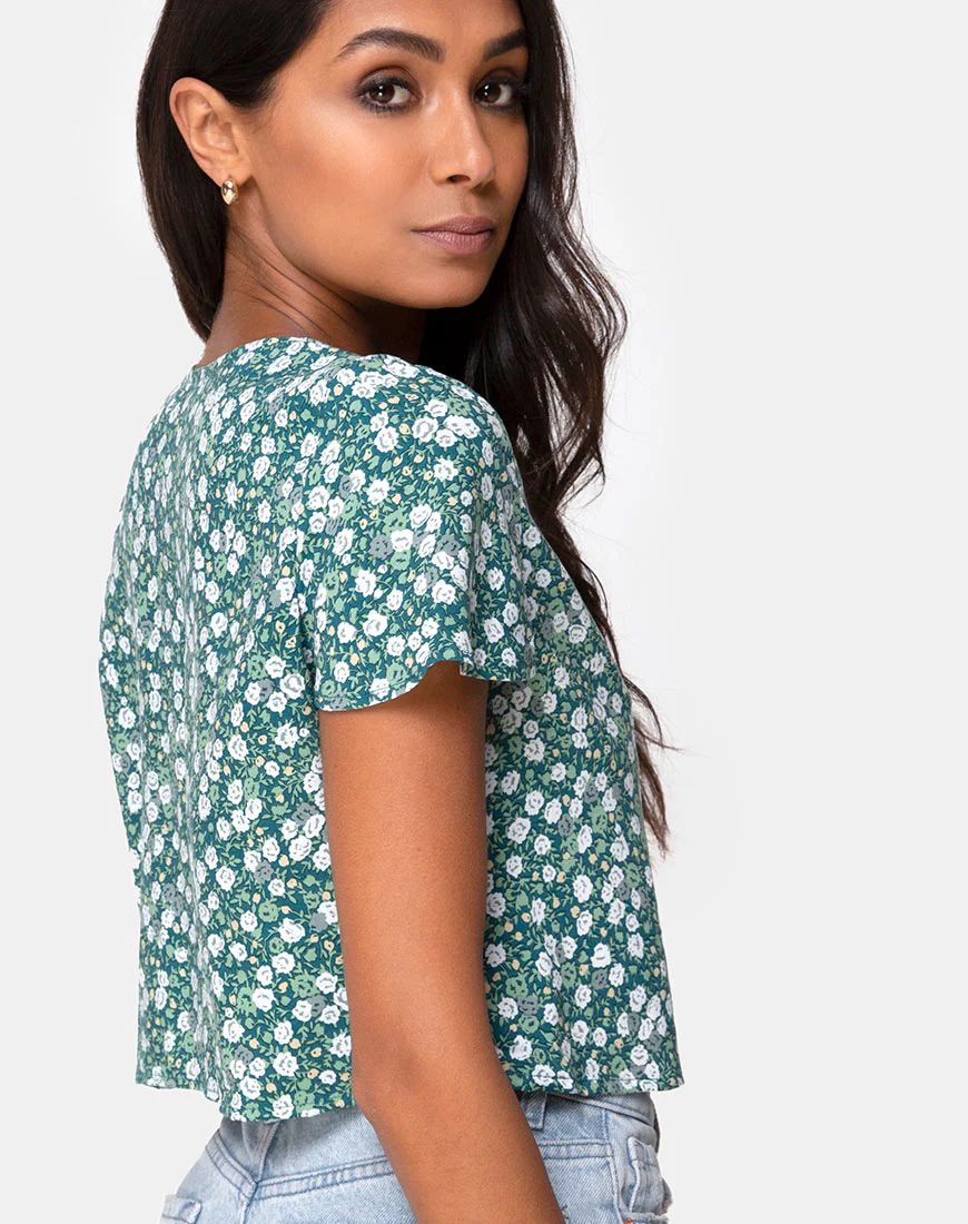 Vaco Blouse in Floral Field Green - Awmao