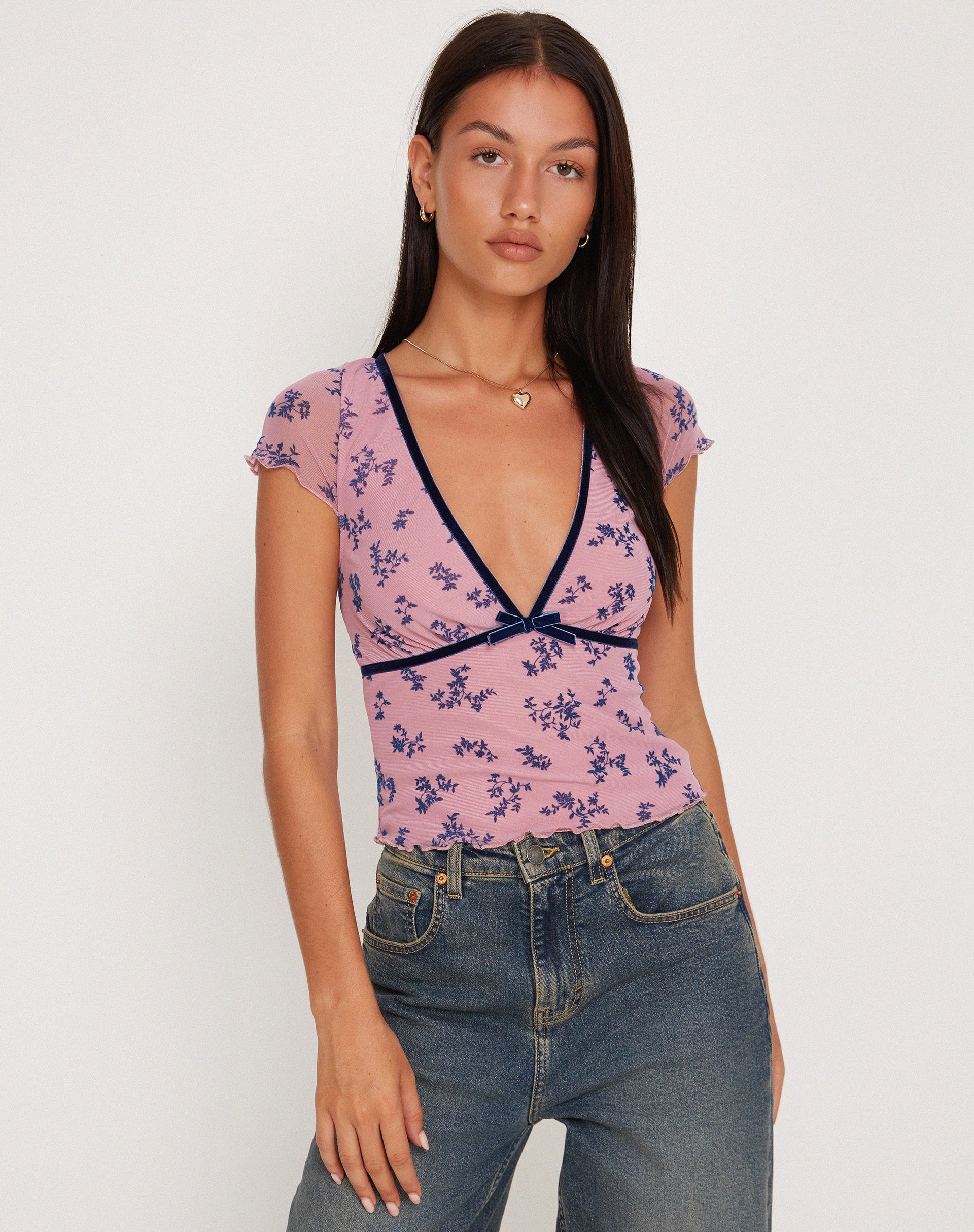 Livi Mesh Top in Pink and Navy Botanist Flocking - Awmao