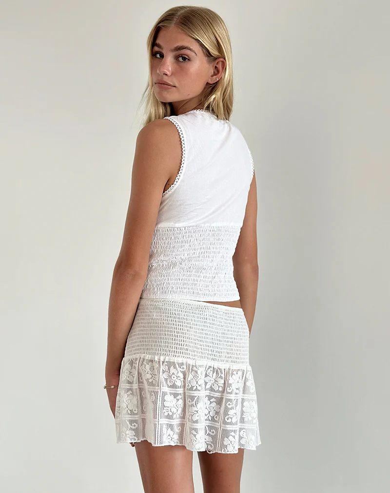 Cathyna Crochet Shirred Mini Skirt in Poplin White - Awmao