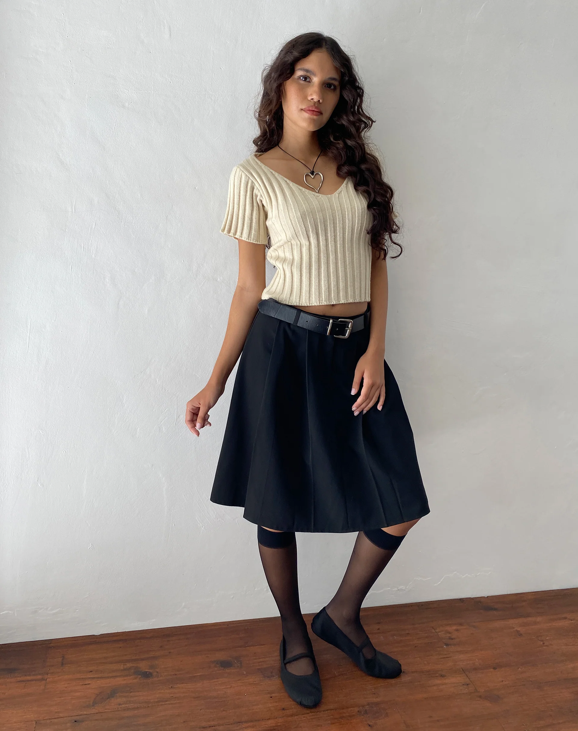 Colette Pleated Knee Length Skirt in Black Tailoring - Awmao