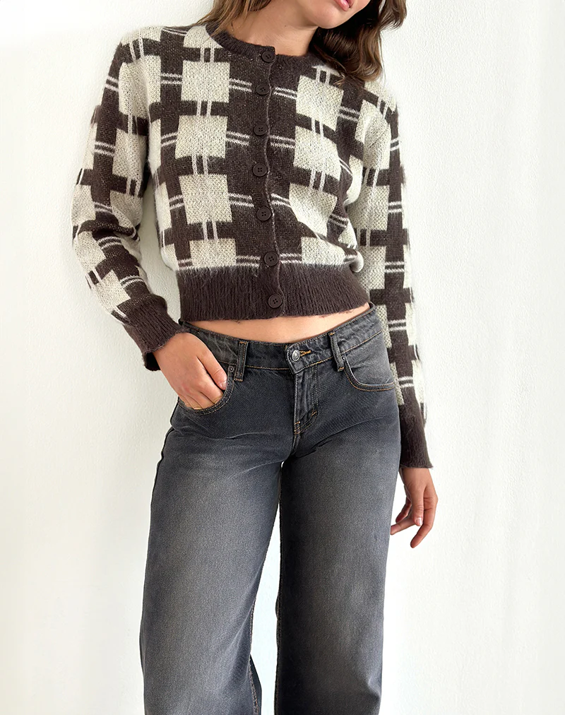 Anzio Knitted Cardigan in Check Brown - Awmao