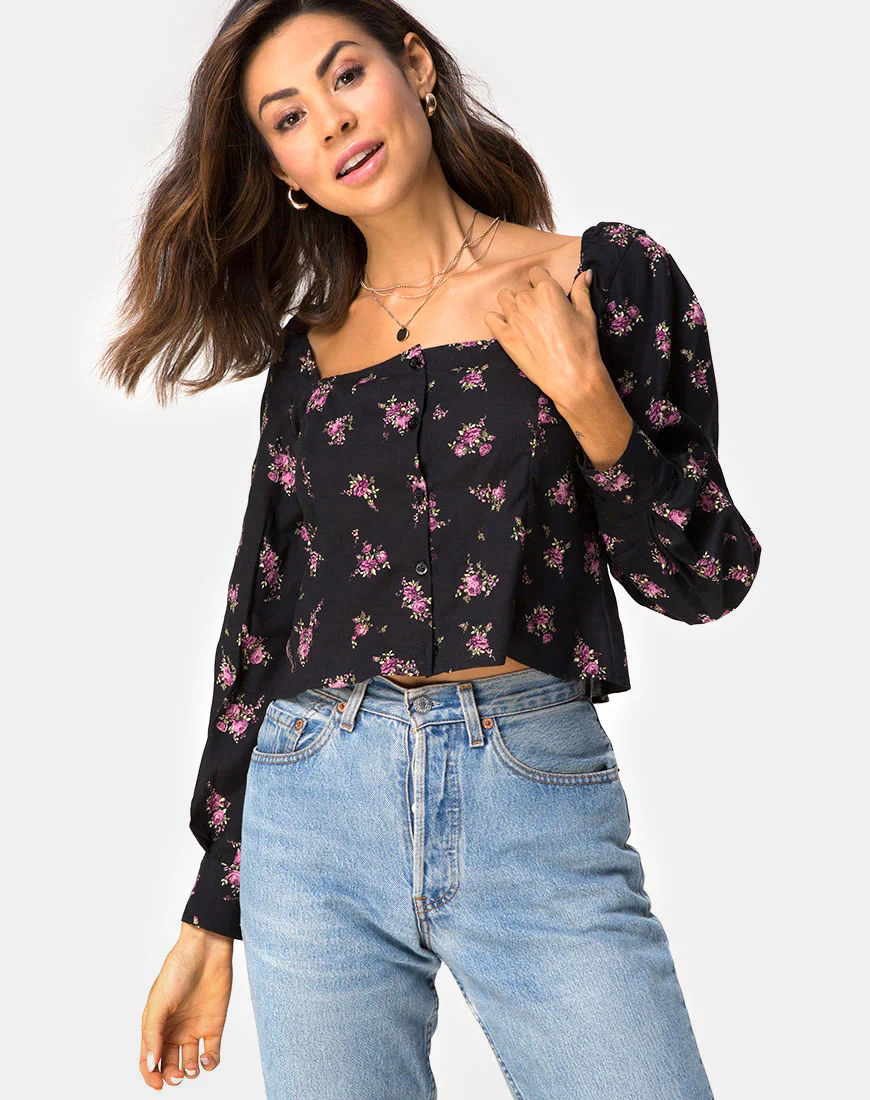 Conila Crop Blouse in Sohey Rose Black - Awmao