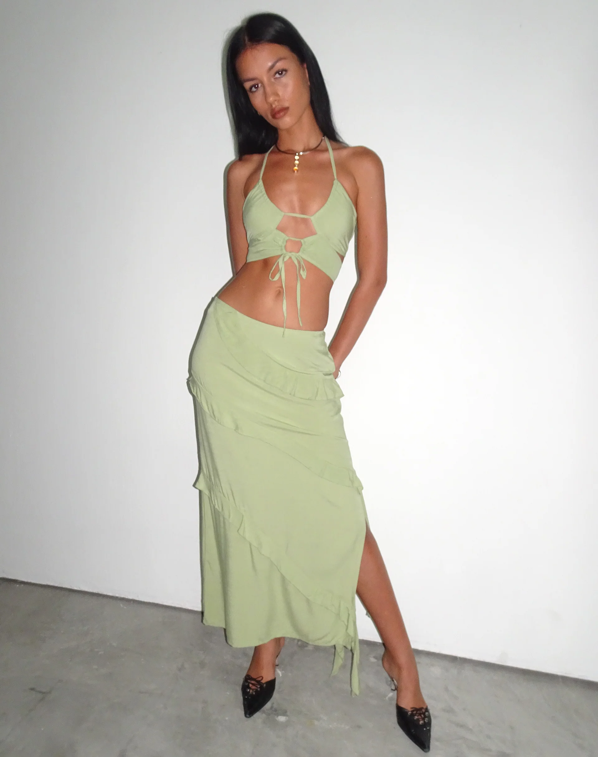 Varena Low Rise Ruffle Maxi Skirt in Mint Sage - Awmao