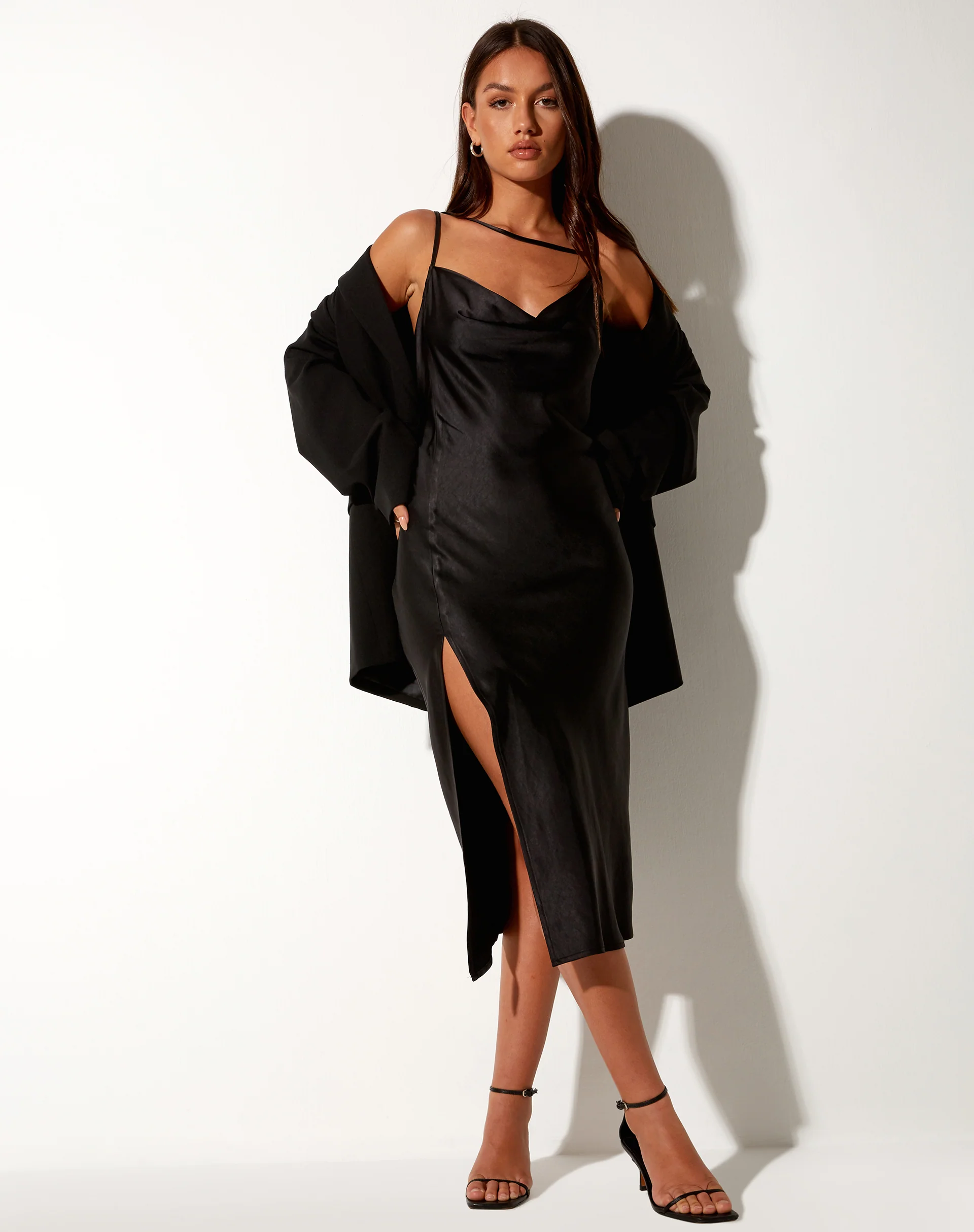Shantique Midi Dress in Satin Black - Awmao