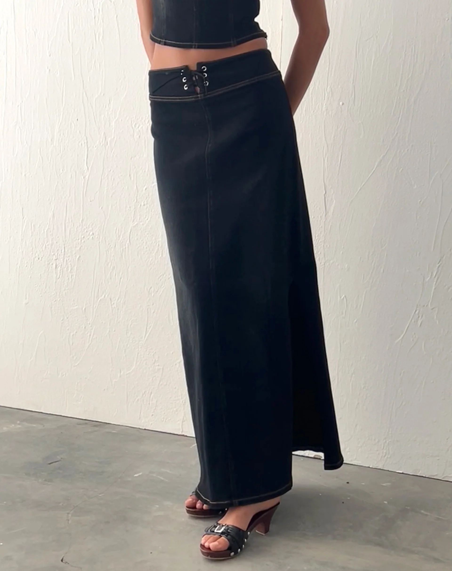 Lafille Denim Maxi Skirt in Black Wash - Awmao
