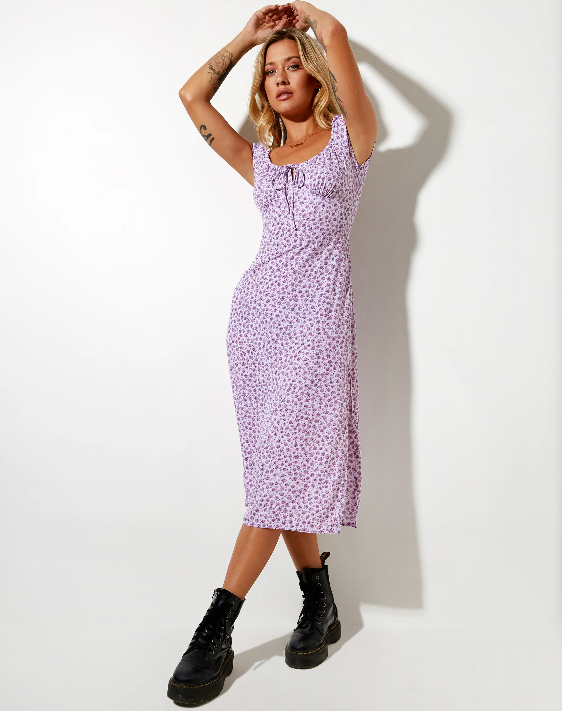 Lona Midi Dress in Ditsy Rose Lilac - Awmao
