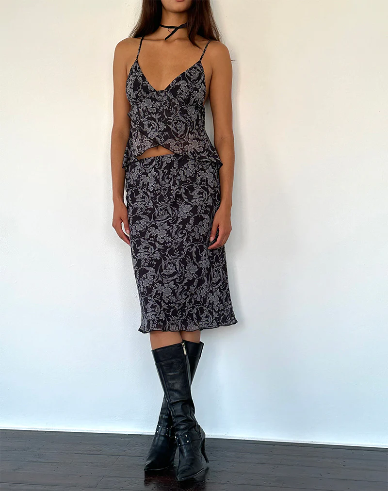 Abetzi Midi Skirt in Baroque Black Print - Awmao
